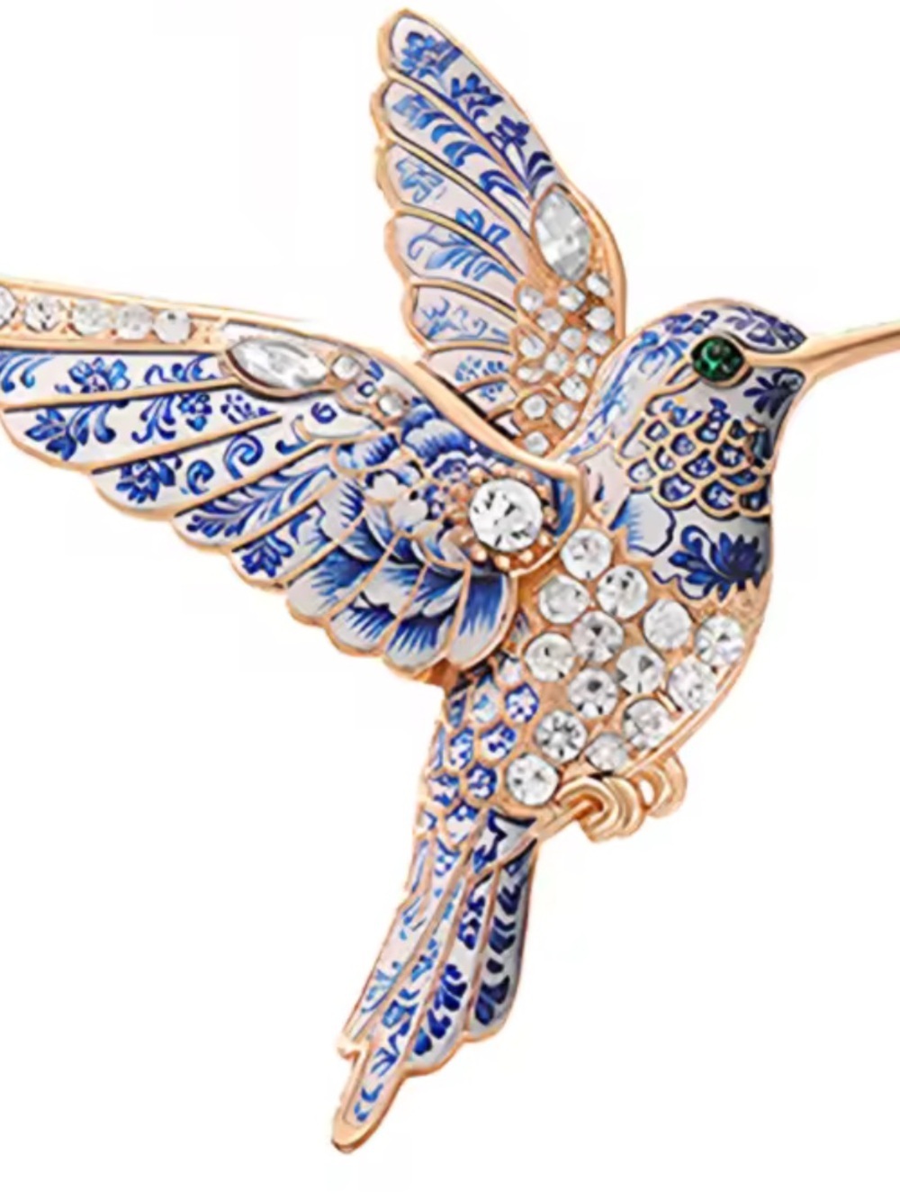Art Nouveau Bird Brooch – Crystal Enamel Hummingbird Jewelry - Picture 3 of 7
